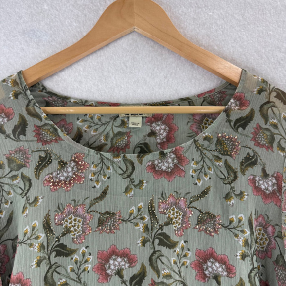One World Green Floral Lined Sequin Tassel Sheer Blouse Sz L Boho Festival Beach - Picture 3 of 10